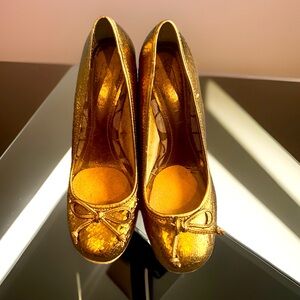 Coach Women’s Bronze Crackle Leather Jute Wedge Heels Ireland Bow Espadrille